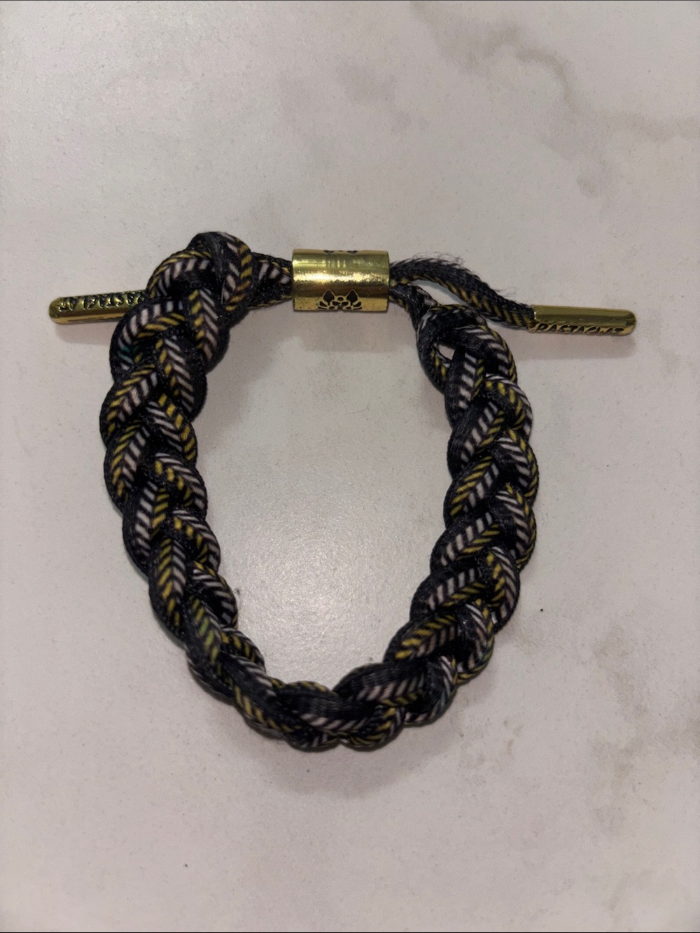 Braided Black, Yellow & White Cord Bracelet with Gold Hardware